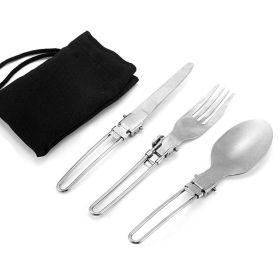 3 Piece Stainless Steel Folding Fork, Spoon, & Knife Set with Storage Bag.