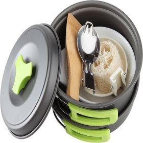 Compact Backpack Cooking Set; With Pot, Pan, Ladle, Bowl, Folding Spork, Bamboo Utensil & Loofah