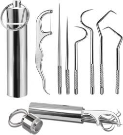 7Pcs 2 Sets Stainless Steel Toothpicks & Flosser Bow with Pocket Case.