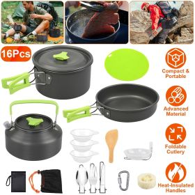 16Pcs Cookware set. Includes Aluminum Kettle, Pot, Pan, 3 Bowls, Knife, Fork, Spoon, Carabiner, Spatula & Cutting Board.