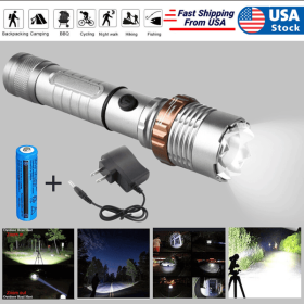 Rechargeable, Zoomable LED Flashlight Lamp with 5 Light Modes, Battery & Charger