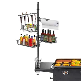 Griddle Caddy With Paper Towel Holder, Multiple Tool Hooks & Seasonings Baskets (Option: Black)