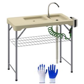 Folding Fish Cleaning Table With 2 Sinks, Faucet, Drainage Hose, Sprayer, Shelf, Drawer & Storage Basket (Option: Beige)