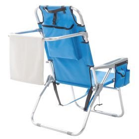 Heightened Back Blue Beach Chair, With Towel Rack, Storage Pocket, Side Utility Pockets & Shoulder Straps (Option: Blue)
