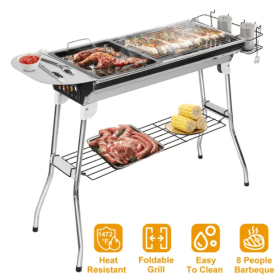 Foldable Free-Standing Charcoal Barbeque Grill, Stainless Steel (Option: Silver)