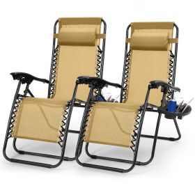 2 Pack Foldable Zero Gravity Lounge Chair With Dual Side Tray Stress Relief Pillow 330lbs Max Load Fedex Shipp (Option: Beige)