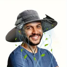 Unisex Solar Powered Wide Brim Sun Hat with 2 Fans (Option: Black)