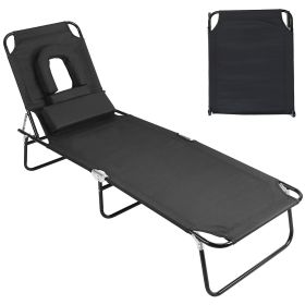 1Pc Folding Chaise Beach Lounge Chair with Face Down Pillow for Tanning, 265LBS Max Load, 5-Angle Backrest & 3 Removable Pillows (Option: Black)