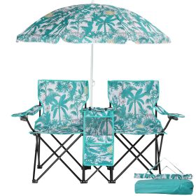 Whimsical Coconut Tree Pattern, Folding Double Chair With Removable Umbrella, Cup Holders, Cooler Bag, Storage Pocket & Carry Bag (Option: Style1)