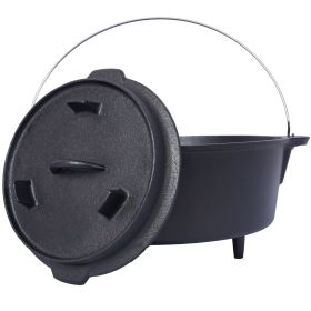 Cast Iron Deep Pot & Lid. Lid can be used as a Skillet Both lid and pot have Leg Bases With spiral handle lid tool. (Option: Black)