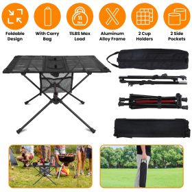 1Pc 23.62x15.75x15.75in Aluminum Alloy Frame, Foldable Table With 2 Cup Holders, 2 Side Pockets & Carrying Bag (Option: Black)