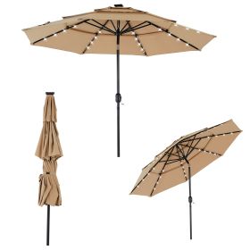 10FT 3-Tier Solar Patio Umbrella with 32 LED Lights, Push Button Tilt and Crank (Option: Khaki)