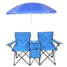 Double Chair with Umbrella, Drink Cooler in the Middle and Storage Pouches (Option: Blue)